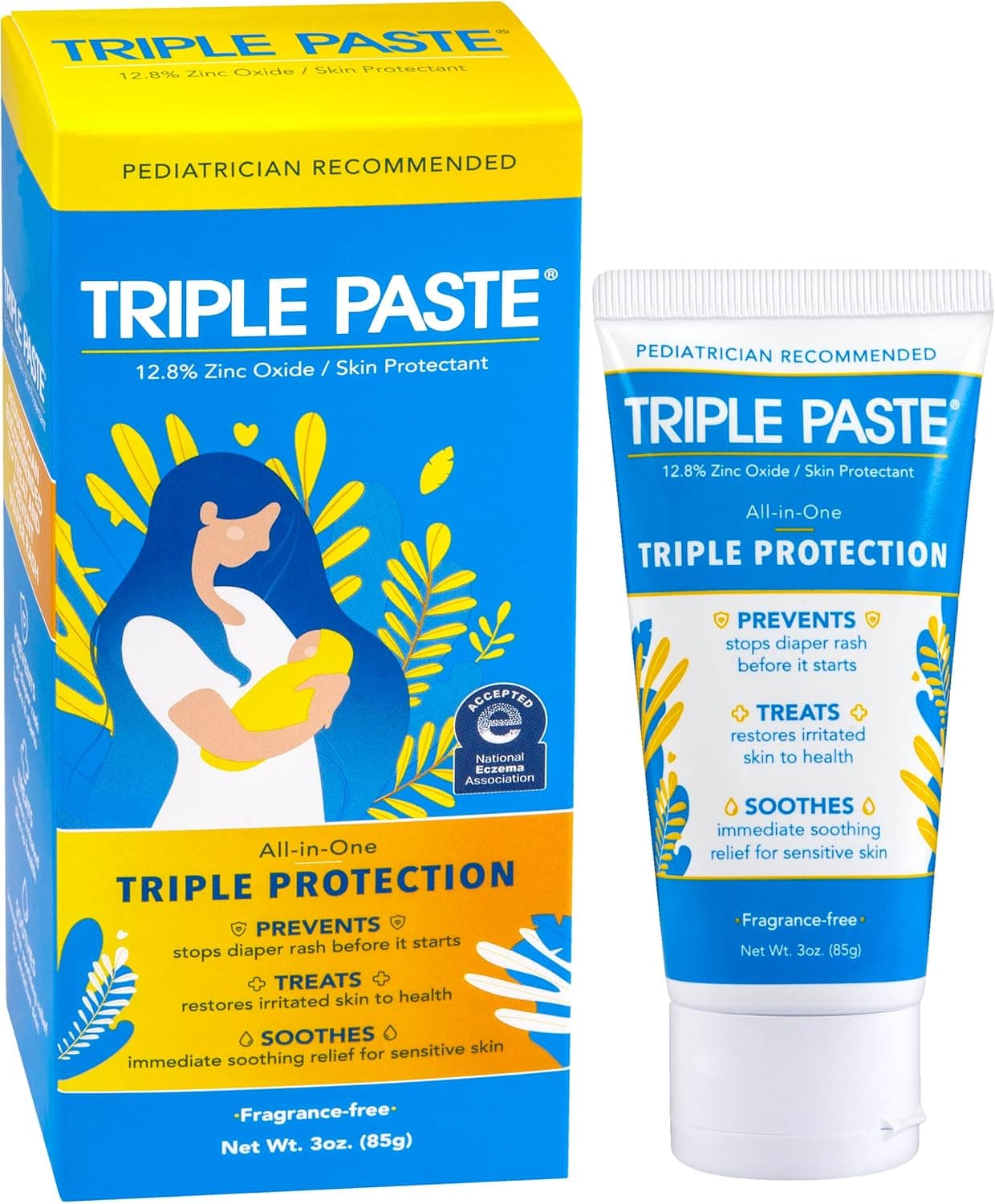 Triple Paste Diaper Rash Cream for Baby 3 oz Tube Zinc Oxide Ointment Treats Soothes and Prevents Diaper Rash PediatricianRecommended Hypoallergenic Formula with Soothing Botanicals