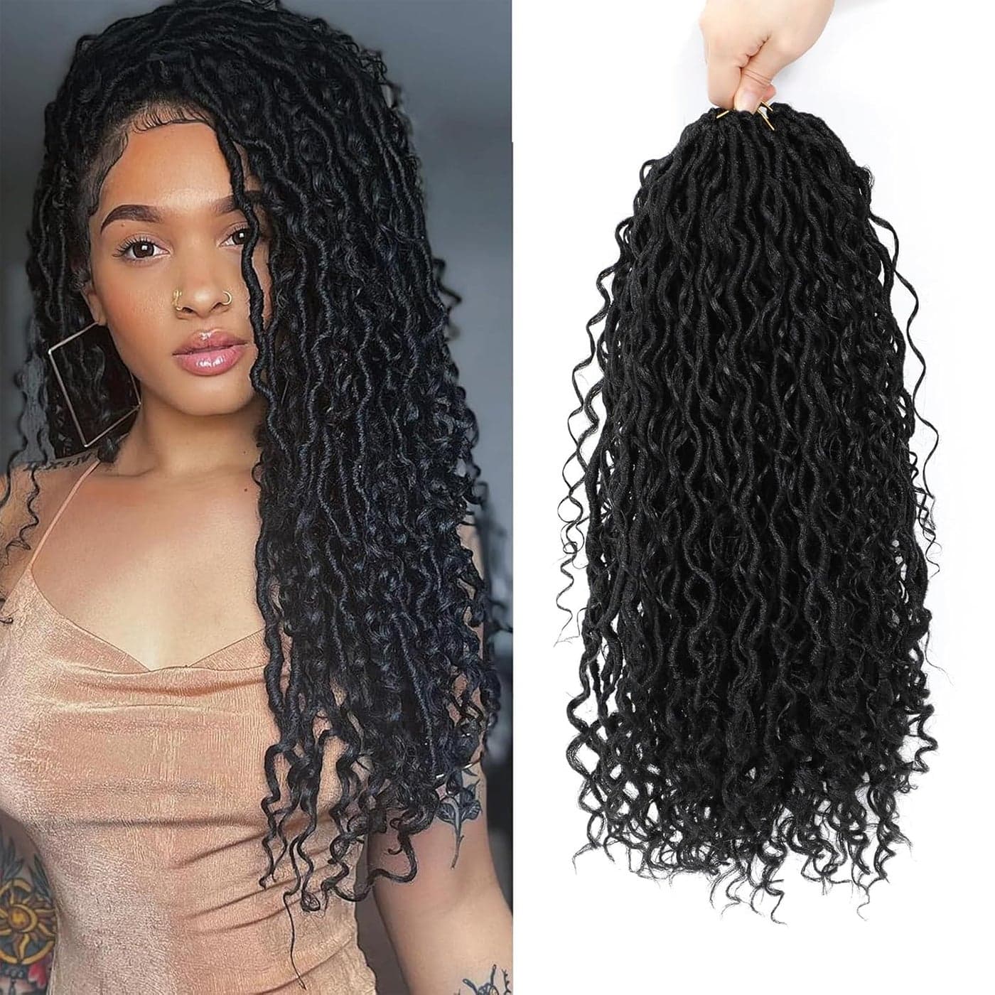 8 Packs Boho Faux Locs Crochet Hair 24 Inch Crochet Soft Locs with Curly Ends Pre-looped Goddess Locs Crochet Hair for Black Women 1B# Boho River Locs Crochet Hair