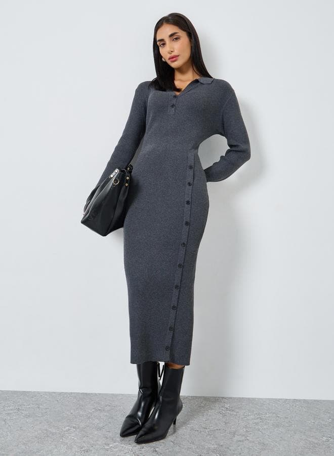 Grey Ribbed Knit Sweater Midi Dress