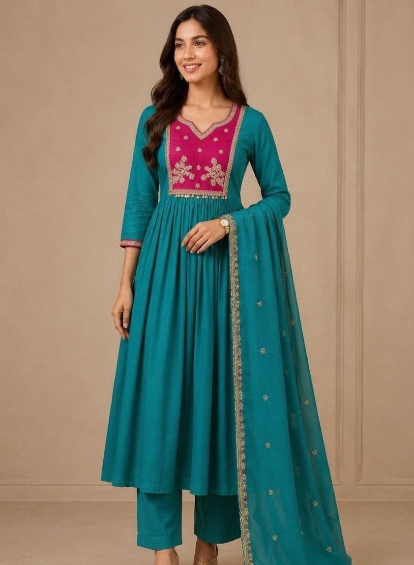 Muslin Anarkali Kurta Set for Women with Dupatta & Pants | Indian Ethnic Wear | Anarkali Salwar Suit | Women Kurta Set | Ladies Party Wear & Festive Dress | Light Green