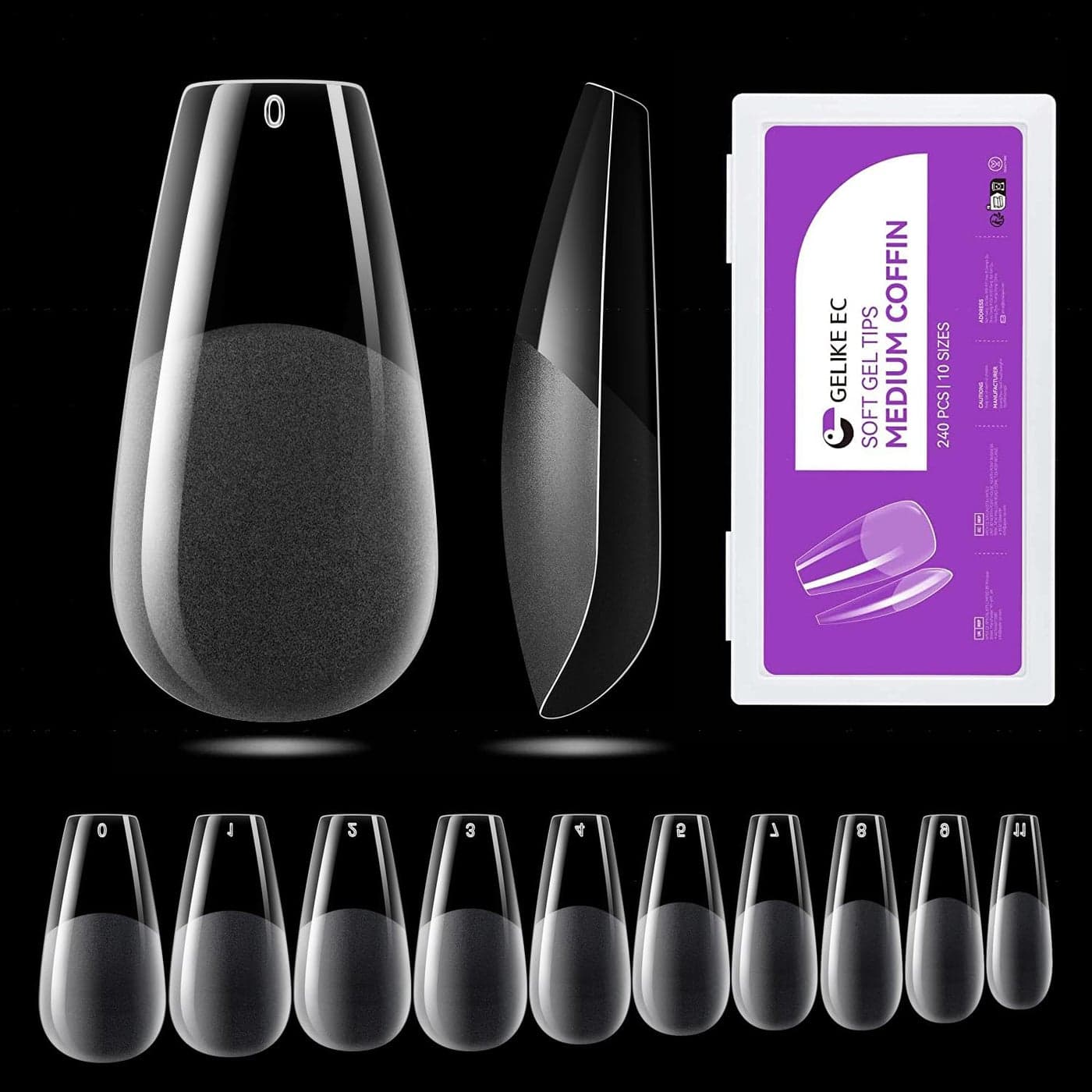 Gelike ec Medium Coffin Nail Tips 240PCS Soft Gel Tips for Nail Extensions Coffin Shaped Full Cover Nail Tips Pre Etched PMMA Resin Clear False Nails Press on Nails 10 Sizes MEDIUM COFFIN