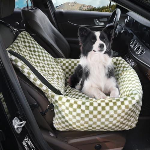 RUONARIER Dog Car Seat for Small Dogs,Medium Dog Car Bed with Detachable Washable Cover,Pet Puppy Booster Cars Seats with Safety Belt Up to 30 lbs(Grid Green)