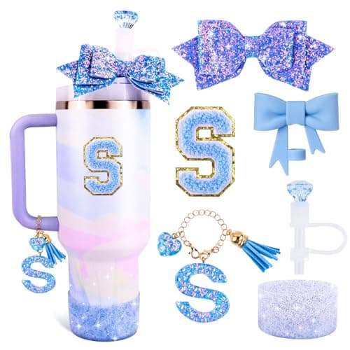 Blue Cup Accessories Set for Stanley 30OZ & 40OZ Tumbler with Handle, Letter Charms, Bow & Diamond Straw Covers, Glitter Silicone Boot, Personalized Sticker for Stanley Cup Accessories (S)