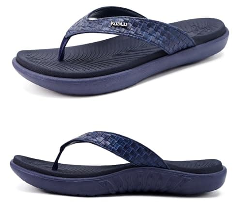 KuaiLu Flip Flops for Women Ladies Yoga Mat Comfortable Sport Walking Thong Sandal With Plantar Fasciitis Arch Support Slip-on Slides Indoor Outdoor For Summer Size 9 Dark Blue