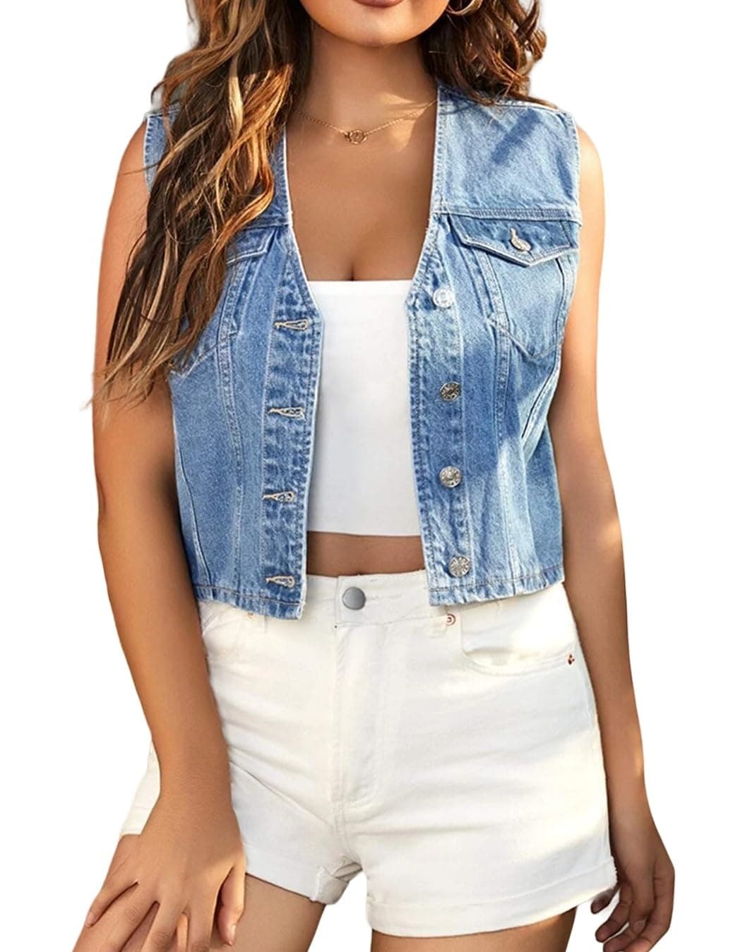 LifeShe Womens Cropped Denim Vest Top Casual V Neck Button Down Sleeveless Jean Jacket Waistcoat