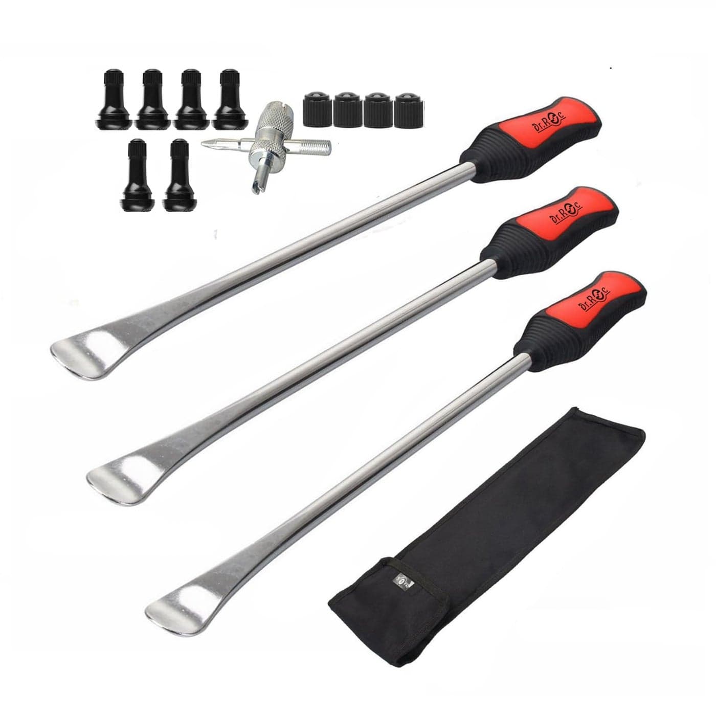 DrRoc 145 inch Perfect Leverage Tire Spoon Lever Iron Tool Kit Motorcycle Dirt Bike Lawn Mower Professional Tire Changing Tool with Stable Bag 3 PCS Tire Spoons with Tire Valve Stem TR412 TR413