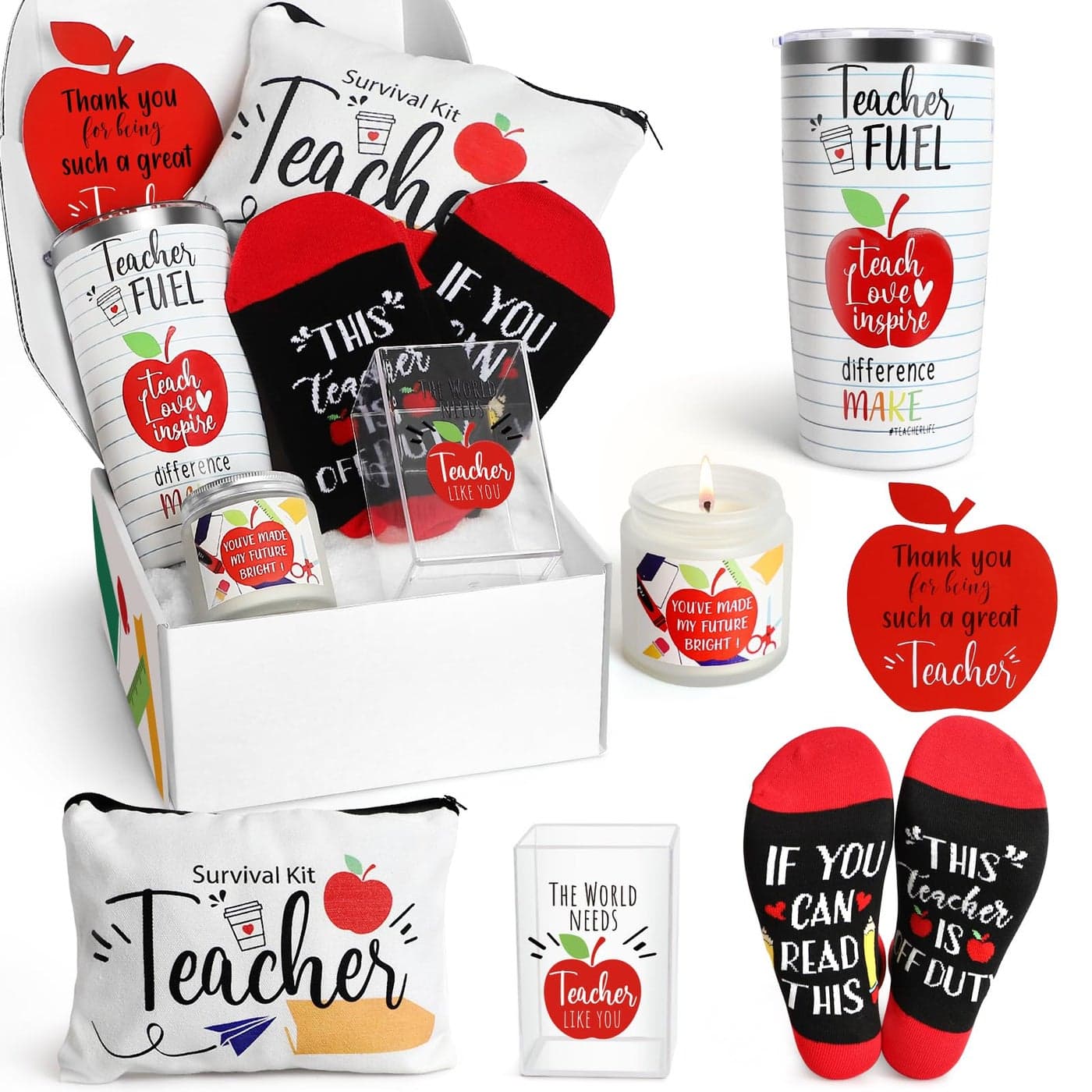 UAREHIBY Teacher Gifts 6 PCS Teacher Appreciation Gifts Back to School Gift for Teachers End of The Year Graduation Valentines Day Gift for Teachers with Socks Pen Holder Scented Candle