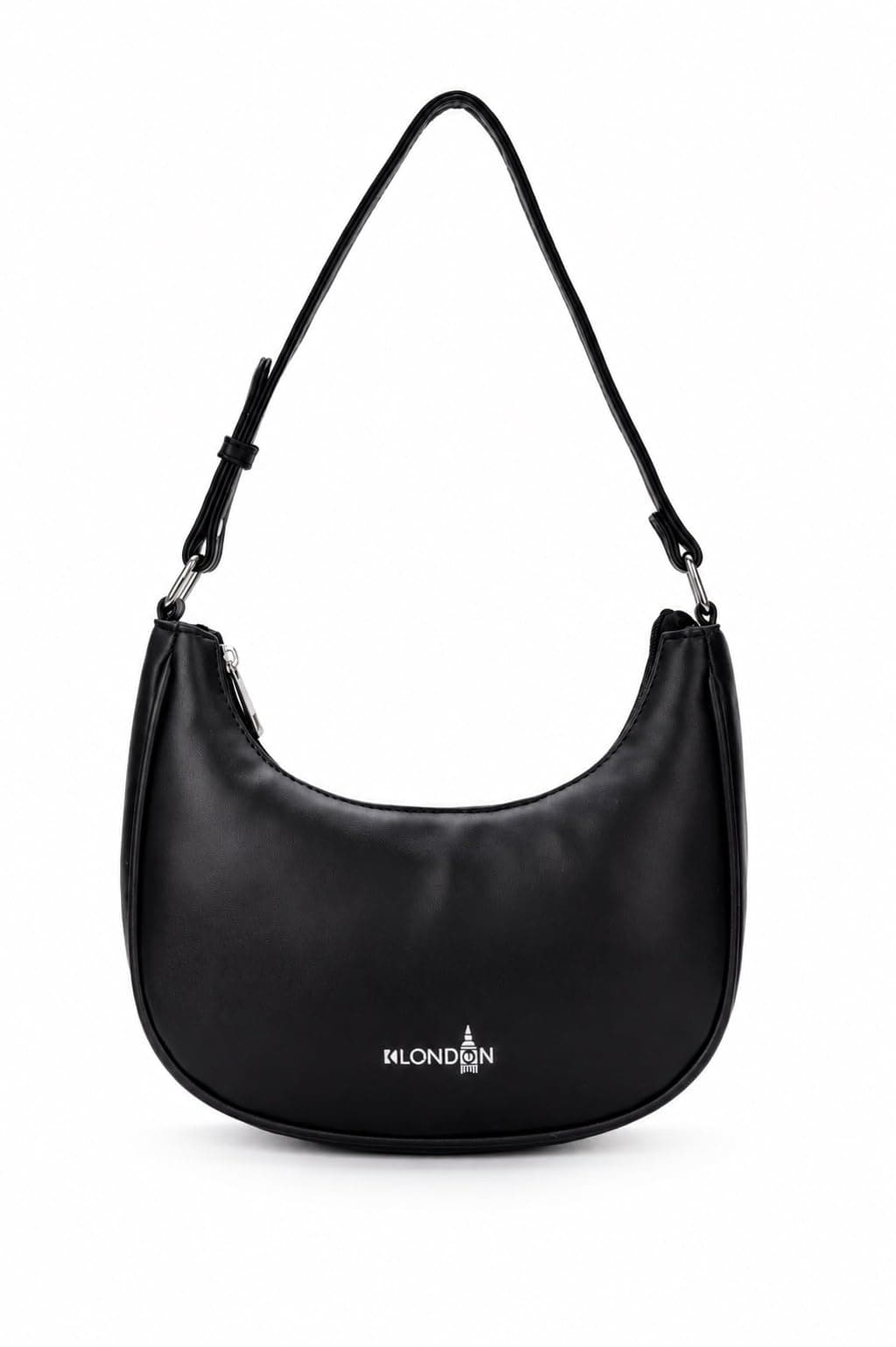 K London Vegan Leather Half Moon Shoulder Bag for Women | Stylish Black Hobo Handbag | Small Structured Baguette Purse for Daily Use, Party & Office