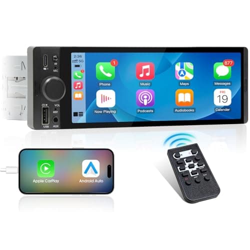 Single Din CarPlay Stereo Receiver: 6.5 Inch Android Auto Touchscreen - Bluetooth MirrorLink IPS Display AM FM Radio Type-C Charge USB AUX-in HD Backup Camera Input Audio Output