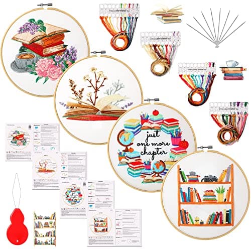 Unittype 4 Set Book Lovers Embroidery Kit Gifts for Women Mother Cross Stitch Kits for Beginners Adults Librarian Readers Club with Hoops Needles Threads Instructions Needle Threader(Classic)