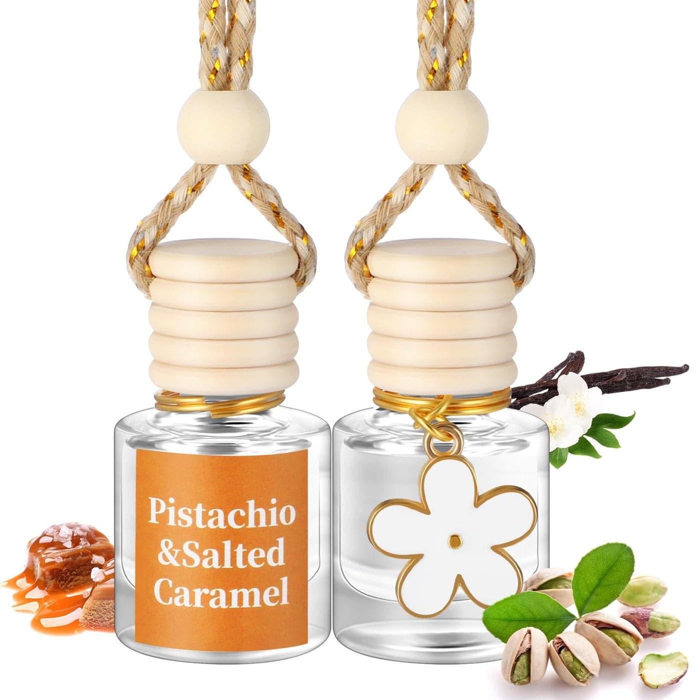 Siifert 2 Sets Hanging Car Air Freshener and Essential Oil Diffuser Car Air Freshener Daisy Essential Oil Diffuser Long Lasting Automobile Aromatherapy WhitePistachio Salted Caramel