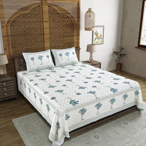 BLOCKS OF INDIA Hand Block Printed 200 TC Cotton Super King Size Bedsheet(106 x 106) (Grey Tree)