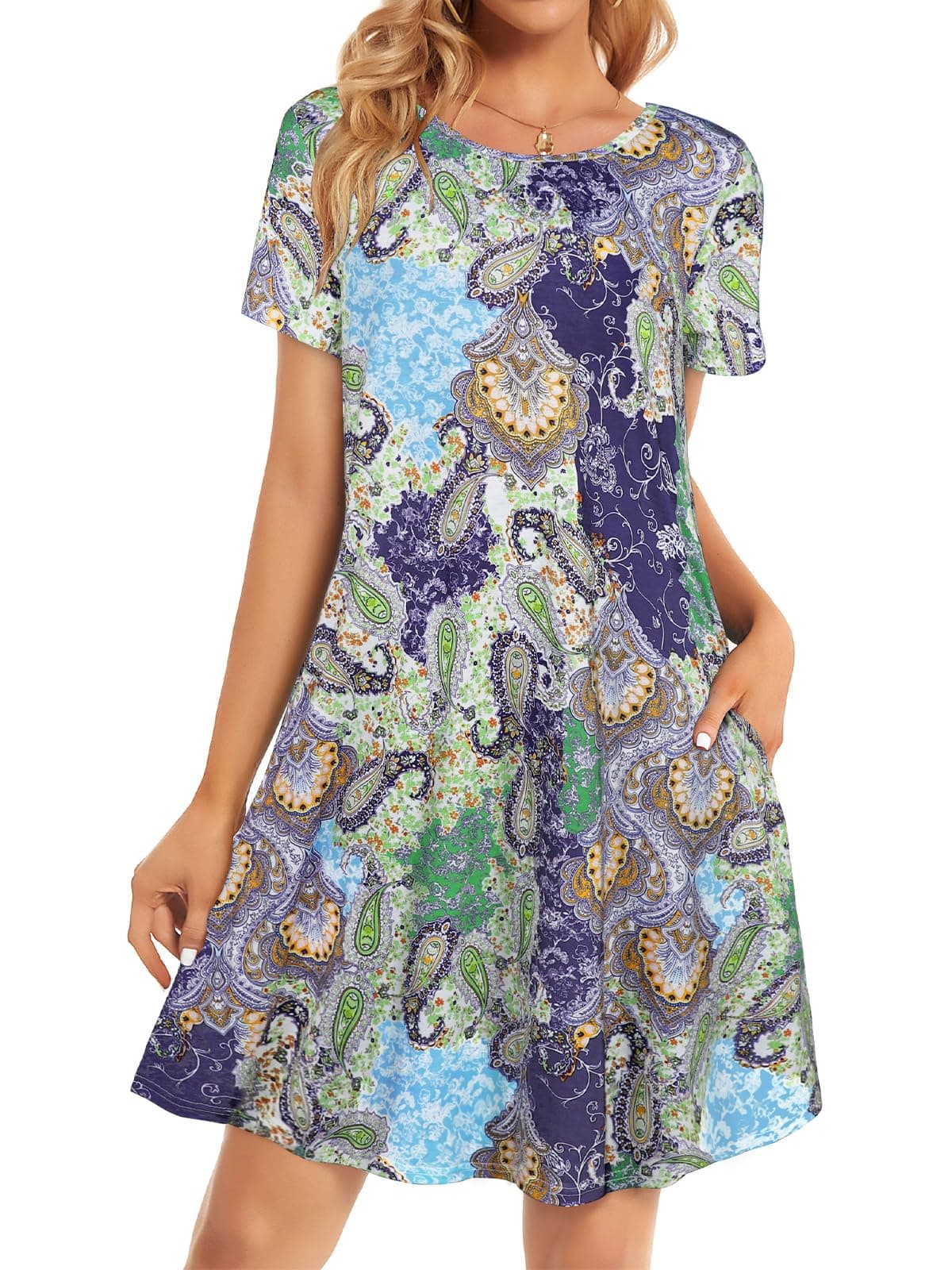 elescat Summer Dress for Women Sundress Beach Tshirt Short Sleeve Flowy with Pockets Coverup(Blue Amoeba, L)