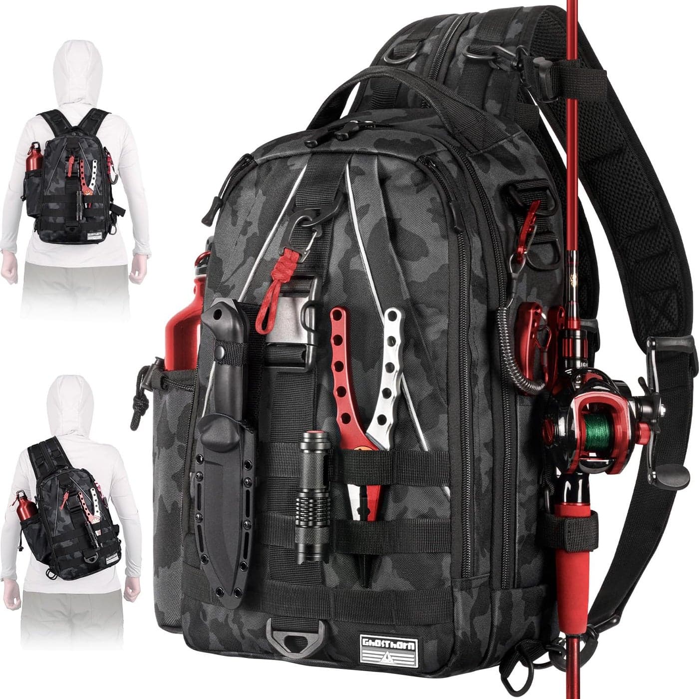Ghosthorn Fishing Backpack Tackle Sling Bag - Fishing Backpack with Rod Holder - Tackle Box Fly Fishing Gifts for Men Women (black camouflage)