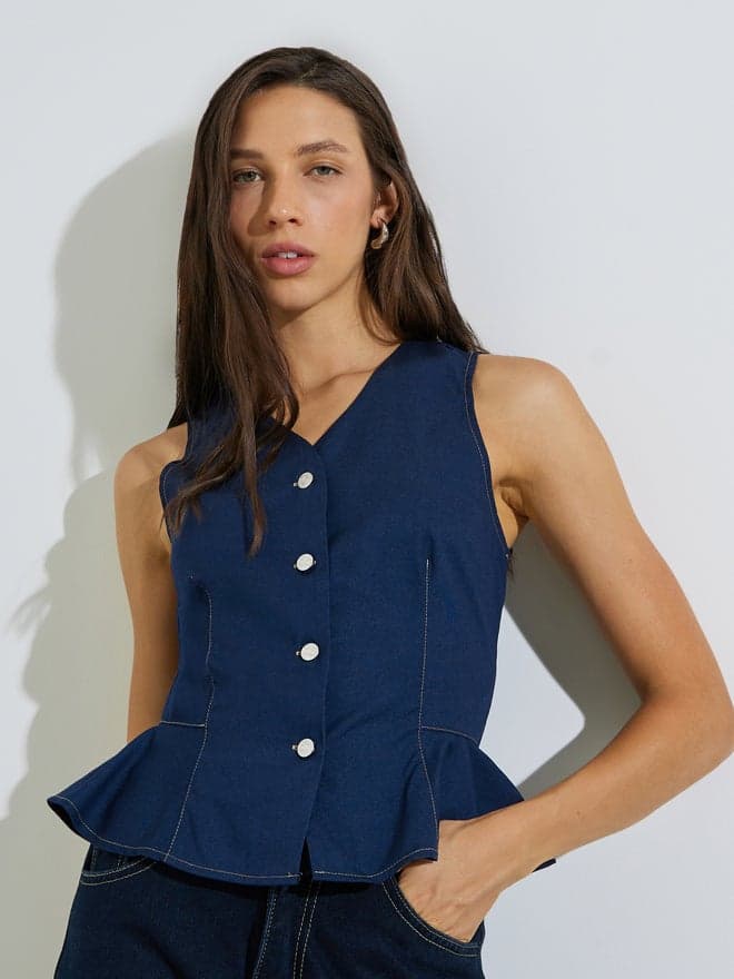 Styli Dark Blue Peplum Denim Waistcoat