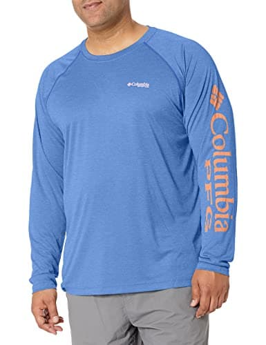 Columbia Men's Terminal Tackle Heather Long Sleeve Shirt, Vivid Blue Heather/Bright Nectar Logo, Small