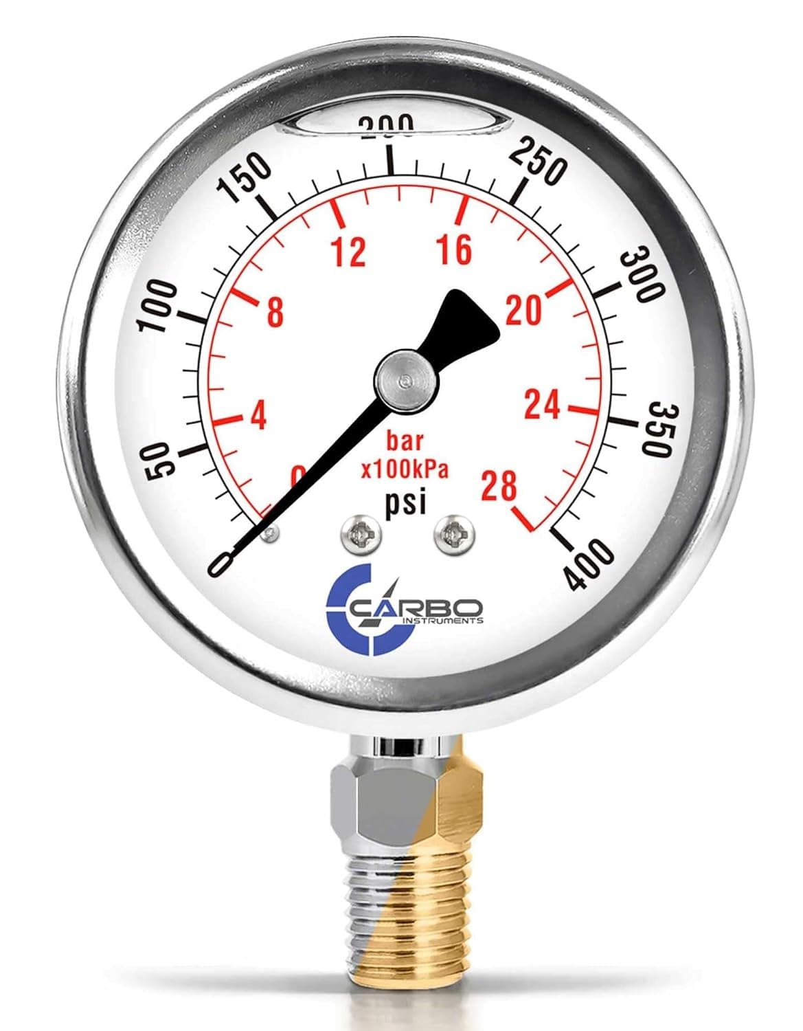 CARBO Instruments Stainless Steel Pressure Gauge Dual Display (0-400 psi/kPa) - 2 1/2" Glycerine Liquid Filled Gauge