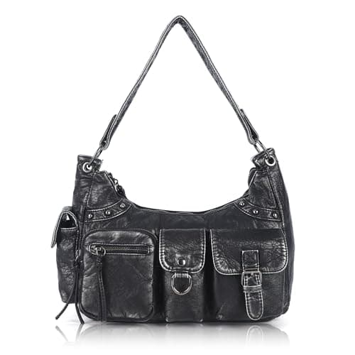 Angel Kiss Hobo Bag for Women Small, Soft Vegan Leather Shoulder Purses and Handbag with Multi-Pocket, Retro Tote Bag Crossbody with Top-Handle and Removable Strap, Silver Black