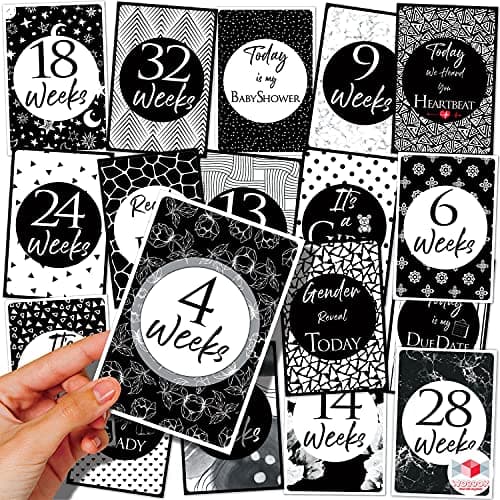 Wobbox Pregnancy Milestone Cards, Black & White, Pregnancy Journey, Weeks Growth Milestone Cards, Pregnancy Gift Scrapbook Photo Keepsake - Set of 27 Pieces