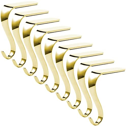 Sunshane 9 Pieces Christmas Stocking Holders Mantel Hanger Hooks Xmas Mantle Grips Set Safety Hang Stocking Clips for Christmas Party Decoration Gold