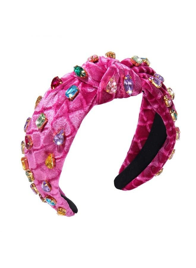 Jeweled Knotted Headband for Women Crystal Embellished Soft Flannel Hairband Women's Fashion Headbands Hair Accessories (Rose Red - Style B)
