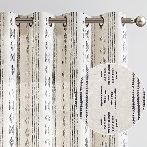 jinchan Boho Curtains Linen Blend Drapes for Living Room Black Farmhouse 84 Inches Long Geometric Striped Mudcloth Grommet Top Curtains 2 Panels Black on Beige