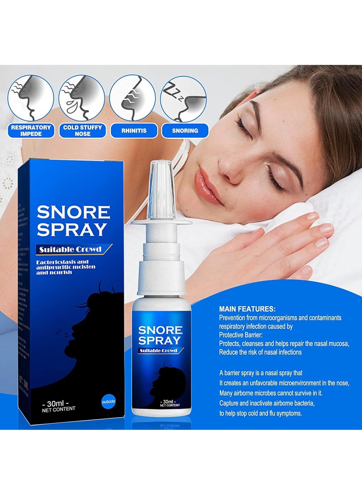 30ML Natural Herbal Anti Snoring Spray Stop Snoring Improve Breathing And Sleep Quality Relieve Rhinitis Cold Stuffy Nose Care