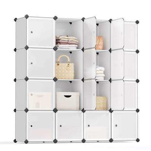 SONGMICS Cube Storage Organizer, Set of 16 Plastic Cubes, Closet Storage Shelves, DIY Plastic Closet Cabinet, Modular Bookcase, Shelving with Doors for Bedroom, Living Room, White ULPC44BSV1