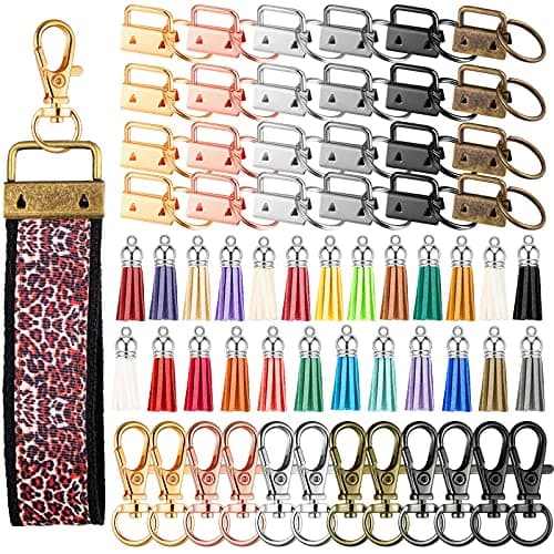 Furge 72 Pieces Key Fob Hardware Set Including 24 Wristlet with Keyring, Colorful Leather Keychain Tassel and Swivel Snap Hooks for Supplies, 6 Colors, Multicolor, Large