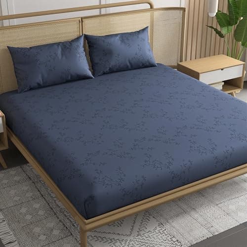 Trance Home Linen 100% Egyptian Cotton300TC Long Staple Jacquard Weave Bed Sheets Flat Bedsheet King Bed Size Flat Bedspread with 2 Pillow Covers (108 x 108 inch,Blue)