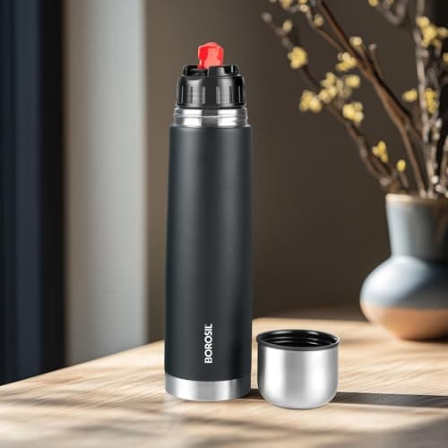 Borosil Thermo 1000ml Matte Black Stainless Steel Bottle | ISI Certified Made in India Double Wall Vacuum Insulated Flask | 24 Hours Hot and Cold | Bottle for Office, Gym, School | 1 Year Warranty