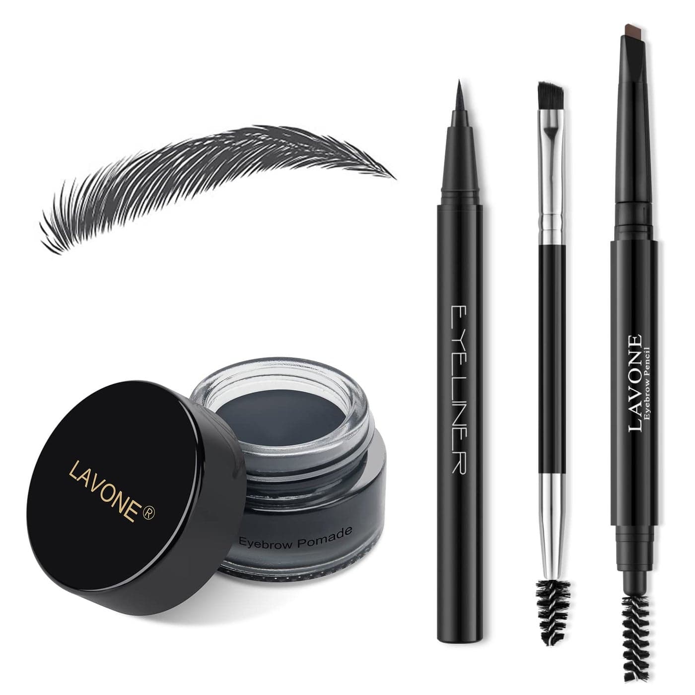 LAVONE Eyebrow Stamp Pencil Kit Makeup Brow Stamp Trio with Waterproof Eyebrow Pencil Eyeliner Pomade Dualended Brush Dark Black