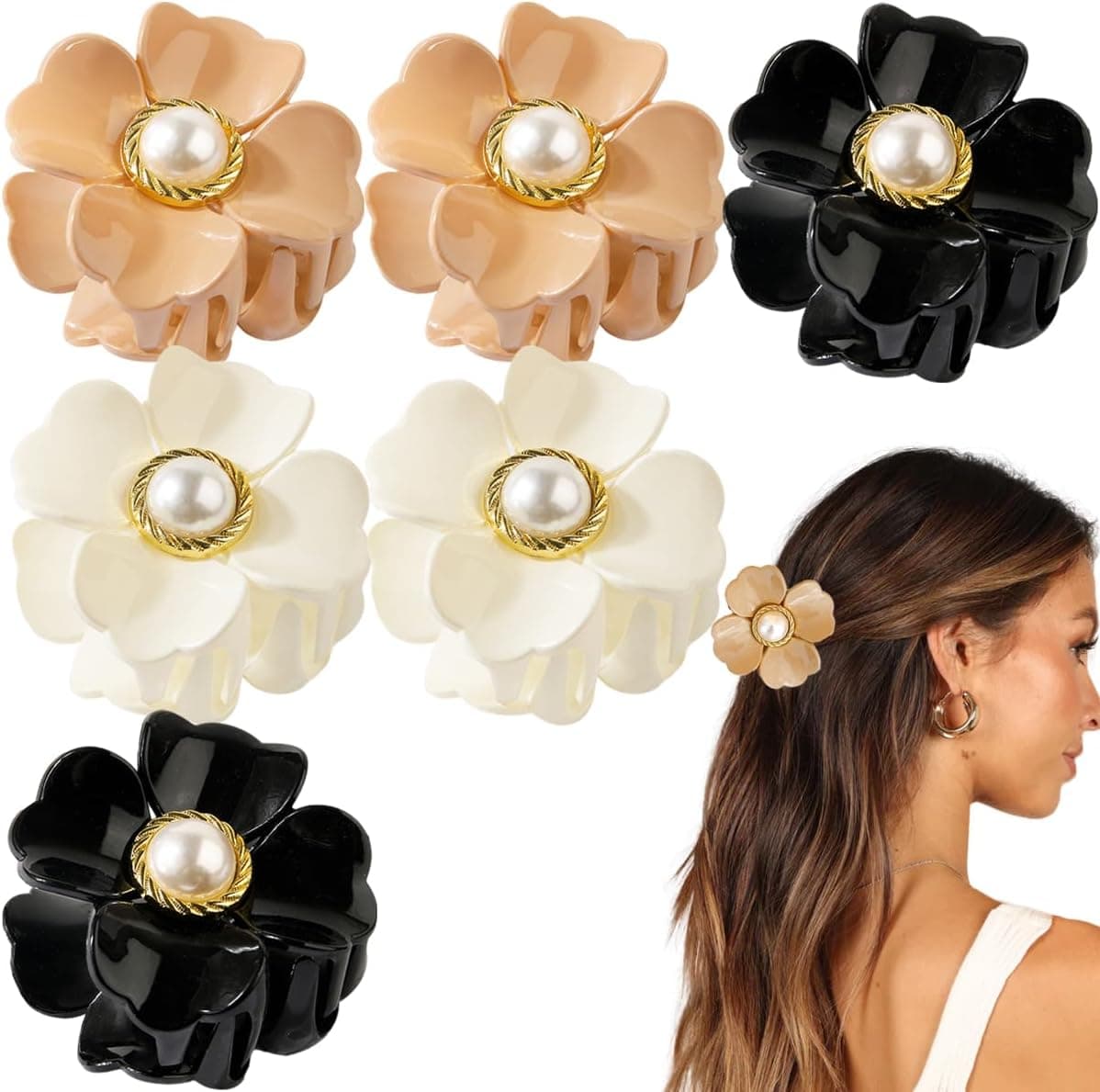 6 PCS Pearl Flower Hair Claw Clips French Flower Hair Clips NonSlip Hairpins Strong Hold Claw Acrylic Hairs Jaw Ponytail Holder Headwear Hair styling Accessories for Women Girls