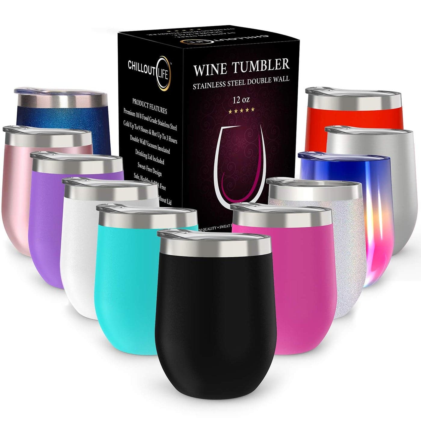 CHILLOUT LIFE Stainless Steel Tumbler 12 oz with Lid & Gift Box, Wine Tumbler Double Wall Vacuum Insulated Travel Cup for Coffee, Wine, Cocktails, Ice Cream, Powder Coated