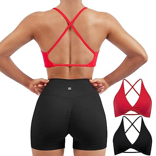 SUUKSESS Women 2 Piece Open Back Strappy Sports Bra Pack Twist Front V Neck Padded Workout Crops (#2 Black & Red, S)