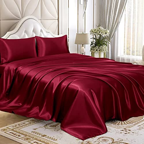 Homiest 4pcs Satin Sheets Set Luxury Silky Satin Bedding Set with Deep Pocket, 1 Fitted Sheet + 1 Flat Sheet + 2 Pillowcases (Queen Size, Burgundy)