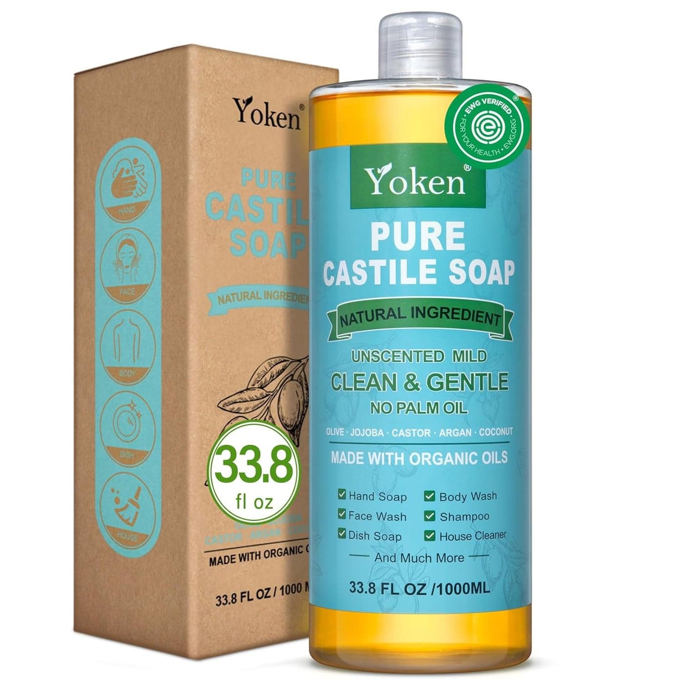 Yoken EWG Verified Castile Soap Liquid Unscented 338 fl oz Pure Castile Liquid Soap Made With Organic Oil Clean Gentle Natural Castor Oil Soap for Body Wash Hand Dishes Laundry No Fragrance