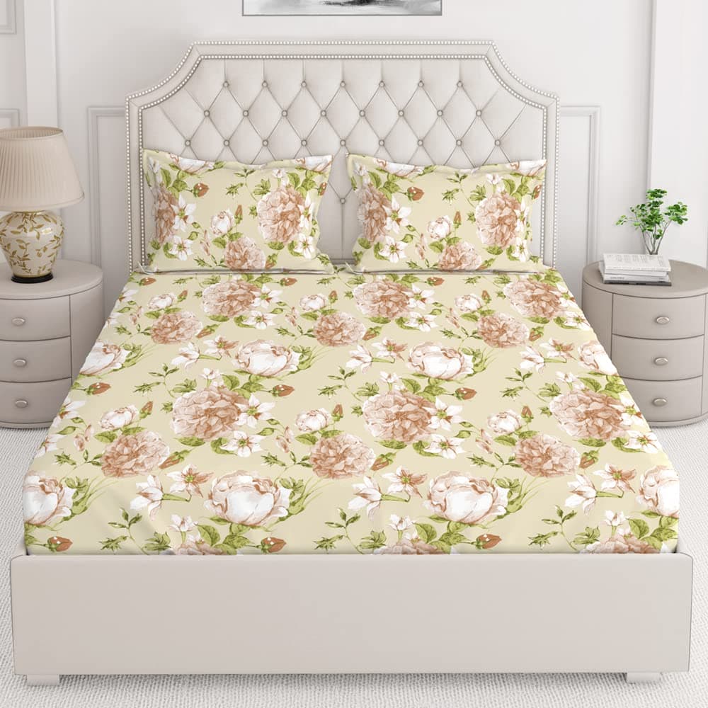 Layers Classic 100 Cotton Bedsheet Set for All Seasons Lightweight Moisture Absorbent Machine Washable Easy to Care Gift for Housewarming More 104 TC Queen Size Brown Floral Pattern