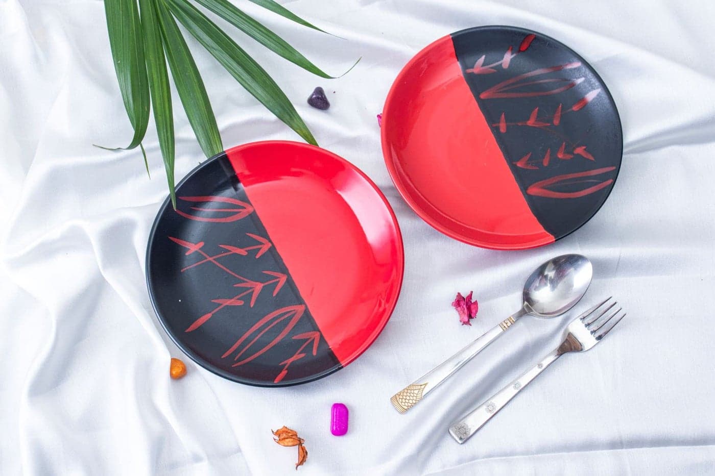 Caffeine Ceramic Handmade Stoneware Half Red & Black Bamboo Quarter Plate 7”(Set of 1 Dishwasher & Microwave Safe)