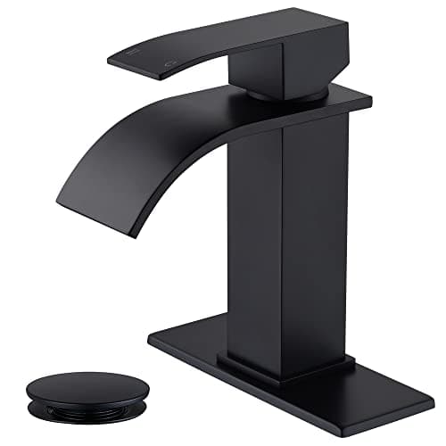 JXMMP Black Waterfall Bathroom Faucet Single Hole, Bathroom Sink Faucet with Pop Up Drainer Assembly and Deck Plate for 3 Hole Installation JXM122BK