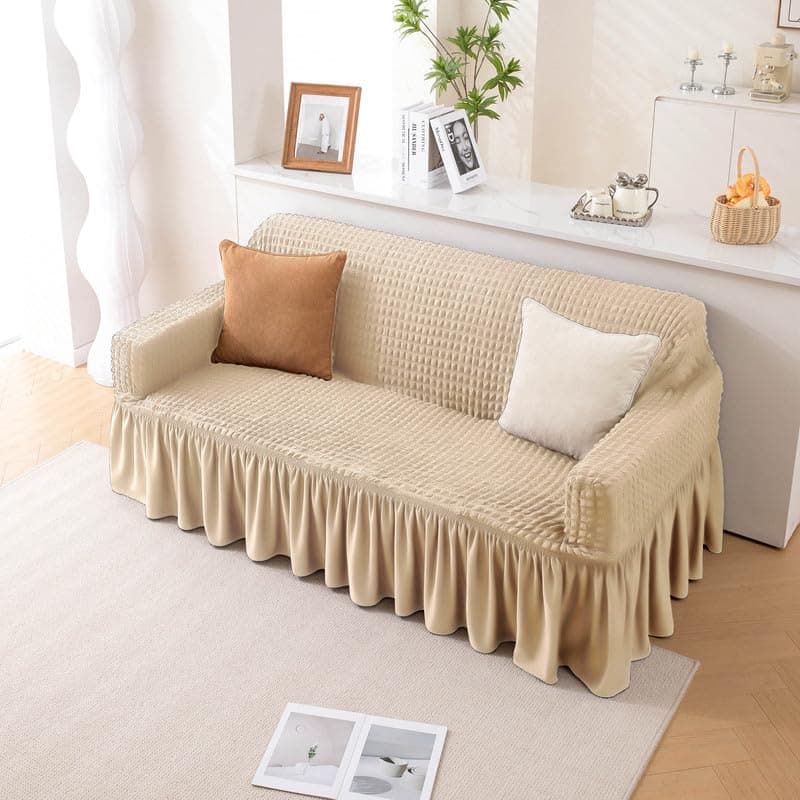SHADES OF HOME -Stretchable Turkish Sofa Cover for 4 Seater Sofa, Bubble Fabric with Frill, Beige