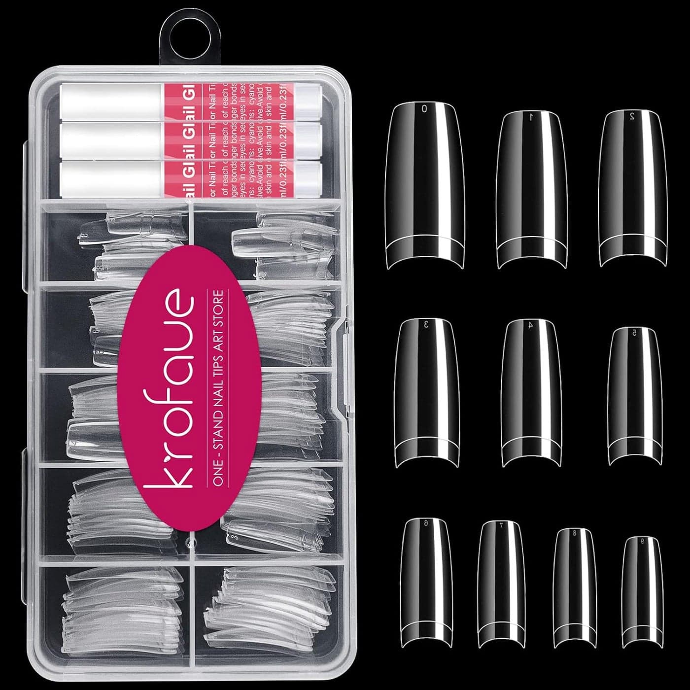 100PCS Clear False Nails Tips and Nail Gule Kit, krofaue Half Cover Lady French Style Acrylic Artificial Tips 3Pcs Nail Glue for Nail Extension kit Nail Tips Art Salons and Home DIY