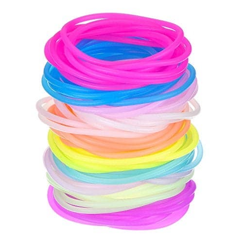 Hotop 100 Pcs 80s Multicolor Silicone Jelly Bracelets Rainbow Glow Neon Stretchable Gel Gummy Rubber Bracelets Hair Ties 80s Party Favor for Adults Women