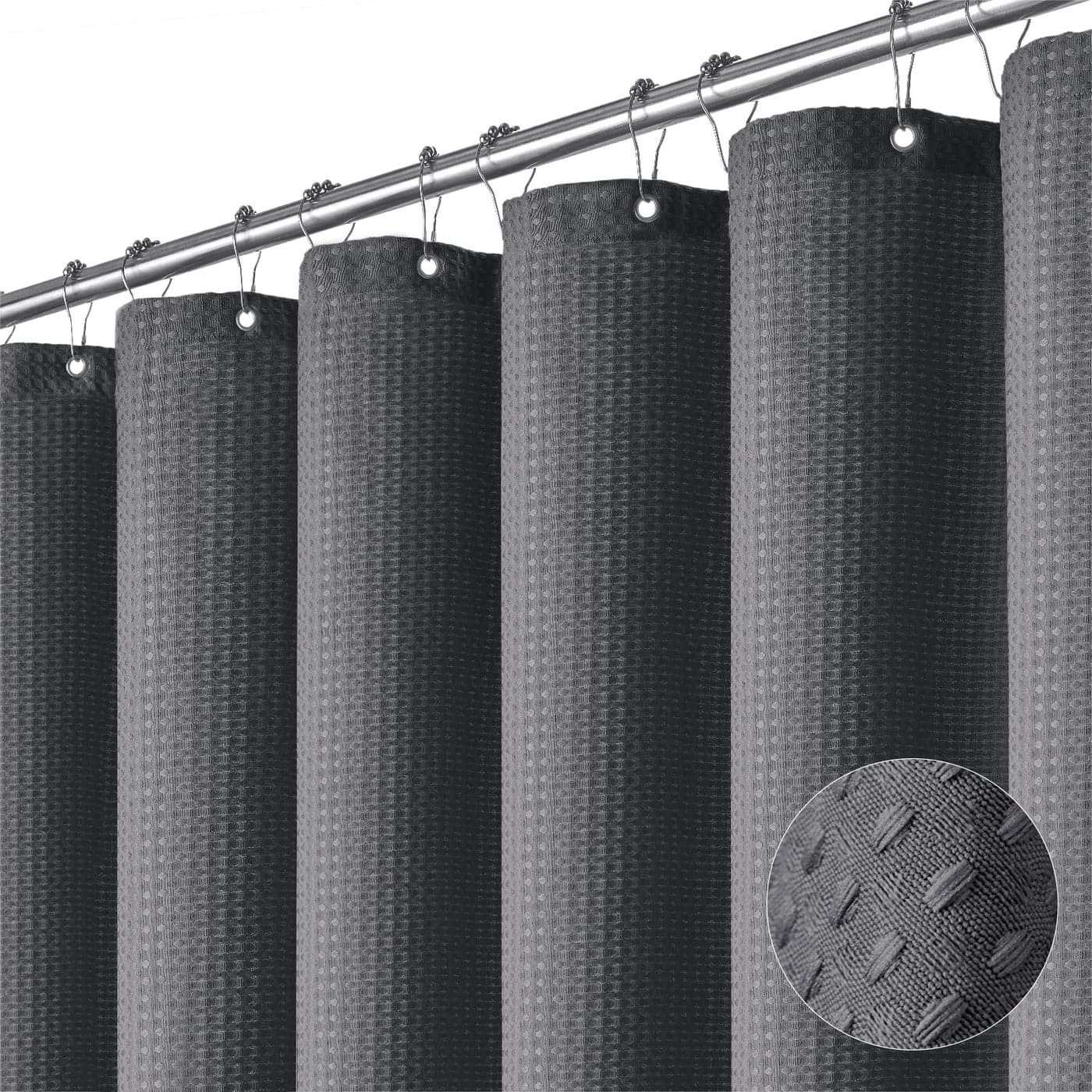 Dynamene Charcoal Grey Fabric Shower Curtain Waffle Weave Textured Heavy Duty Cloth Shower Curtains for Bathroom 256GSM Hotel Luxury Weighted Bath Curtain Set with 12 Plastic Hooks72x72