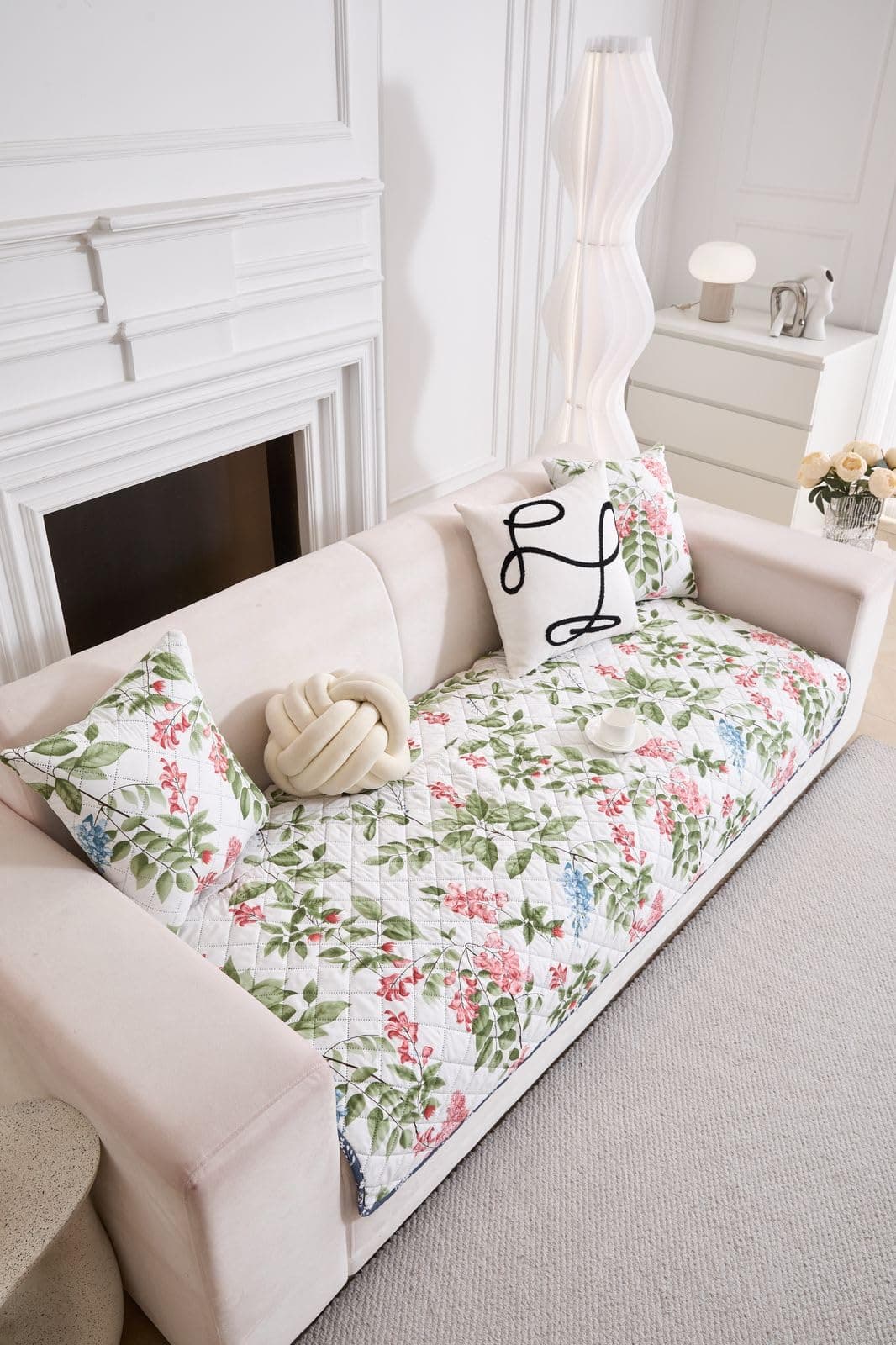 HOMETHREADS Premium Printed Cotton Sofa Cover Mat with PVC Backing for Non-Slip Comfort (Leaves_Green_Flower, 4 Seater | 210x75cm)