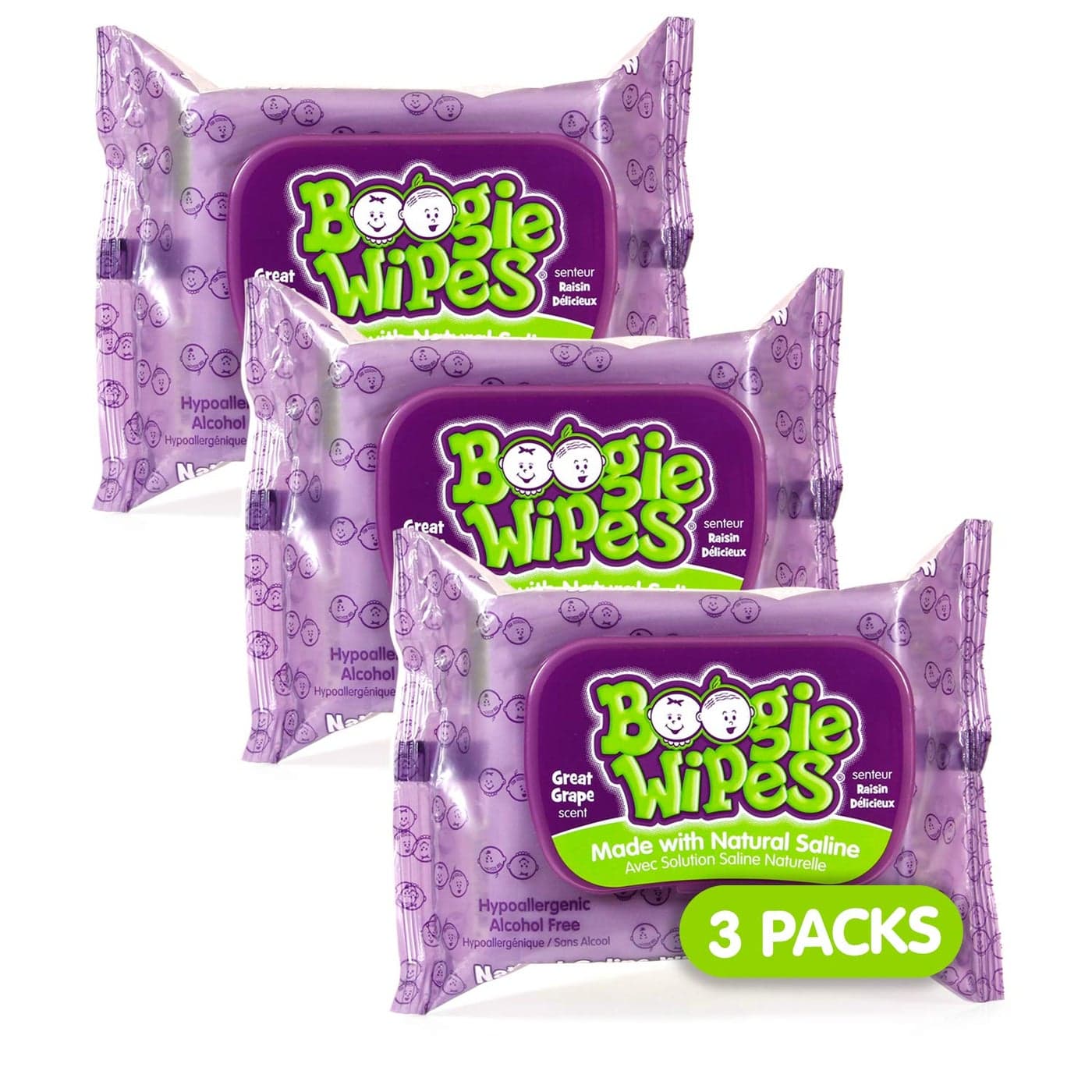 Saline Nose Wipes by Boogie, for Baby & Kids, Face, Hand & Body, FSA/HSA Eligible, Made with Vitamin E, Aloe, and Natural Saline, Grape Scent, 30 Count (Pack of 3)