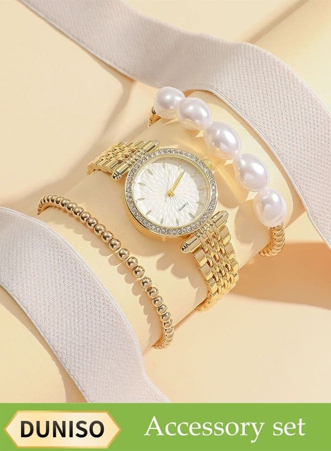 Gold Ladies' Steel Band Quartz Watch Set, Aurora Mother-Of-Pearl Face Steel Band Quartz Watch Pearl Beaded Bracelet, Mineral Reinforced Glass Mirror, High-End Ladies Watch Set, With Diamond And Pearl Decoration