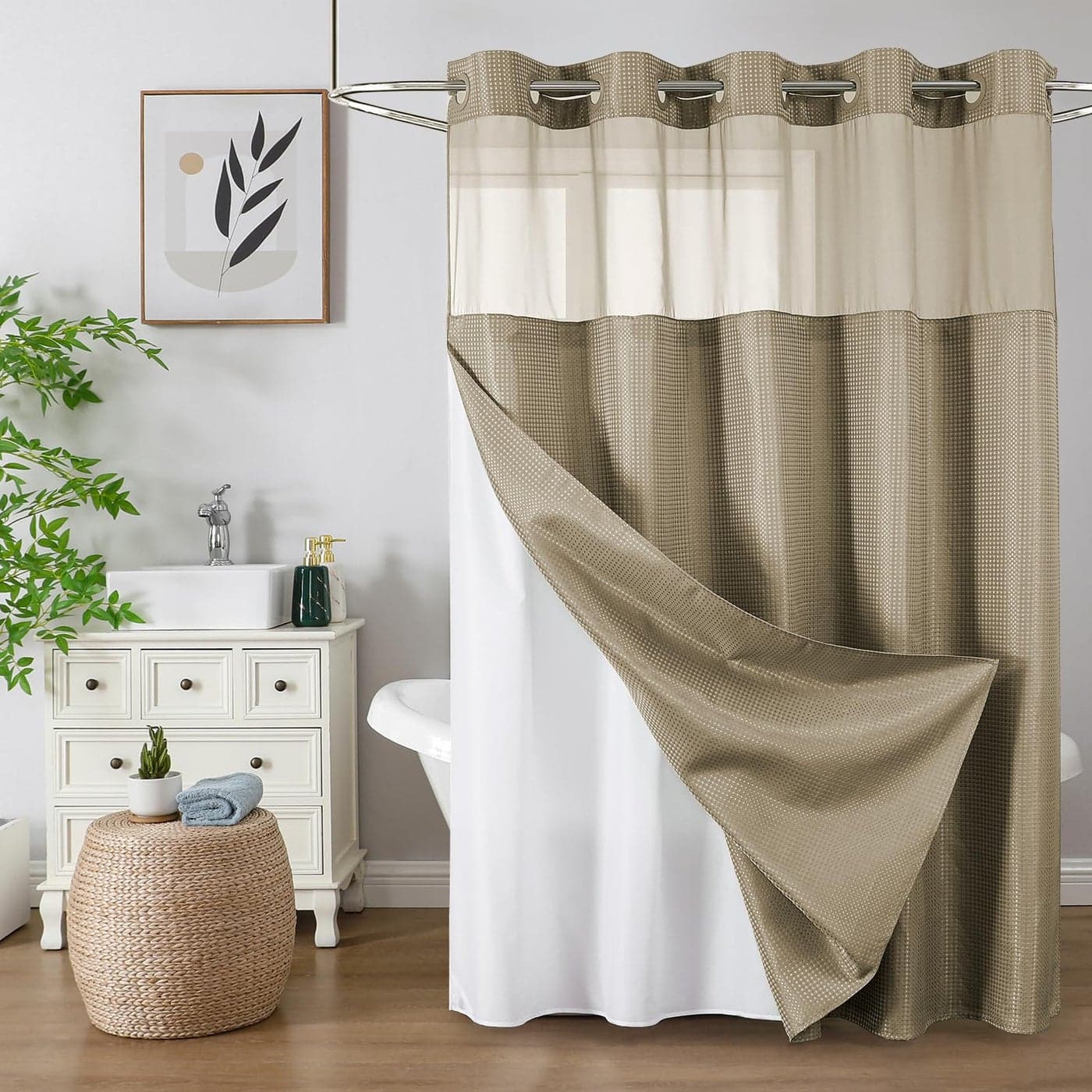 Colorful Star No Hook Waffle Shower Curtain with Snap in Fabric Waterproof Shower Curtains with See Through Top Window Hotel Luxury Heavy Duty Bathroom Curtain and Liner Set 72 x 75 Beige