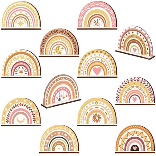 Geelin 12 Pcs Boho Rainbow Party Decorations Wooden Table Centerpieces Boho Rainbow Baby Shower Decorations for Tables Boys Girls Birthday Party Supplies Ornament