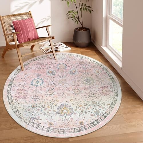 Lahome Flavie Light Pink Boho Rug 6ft, Circle Washable Area Rugs for Playroom Kids Room, Soft Floral Nursery Round Carpet Non Slip, Pastel Floor Carpet for Bedroom Living Room